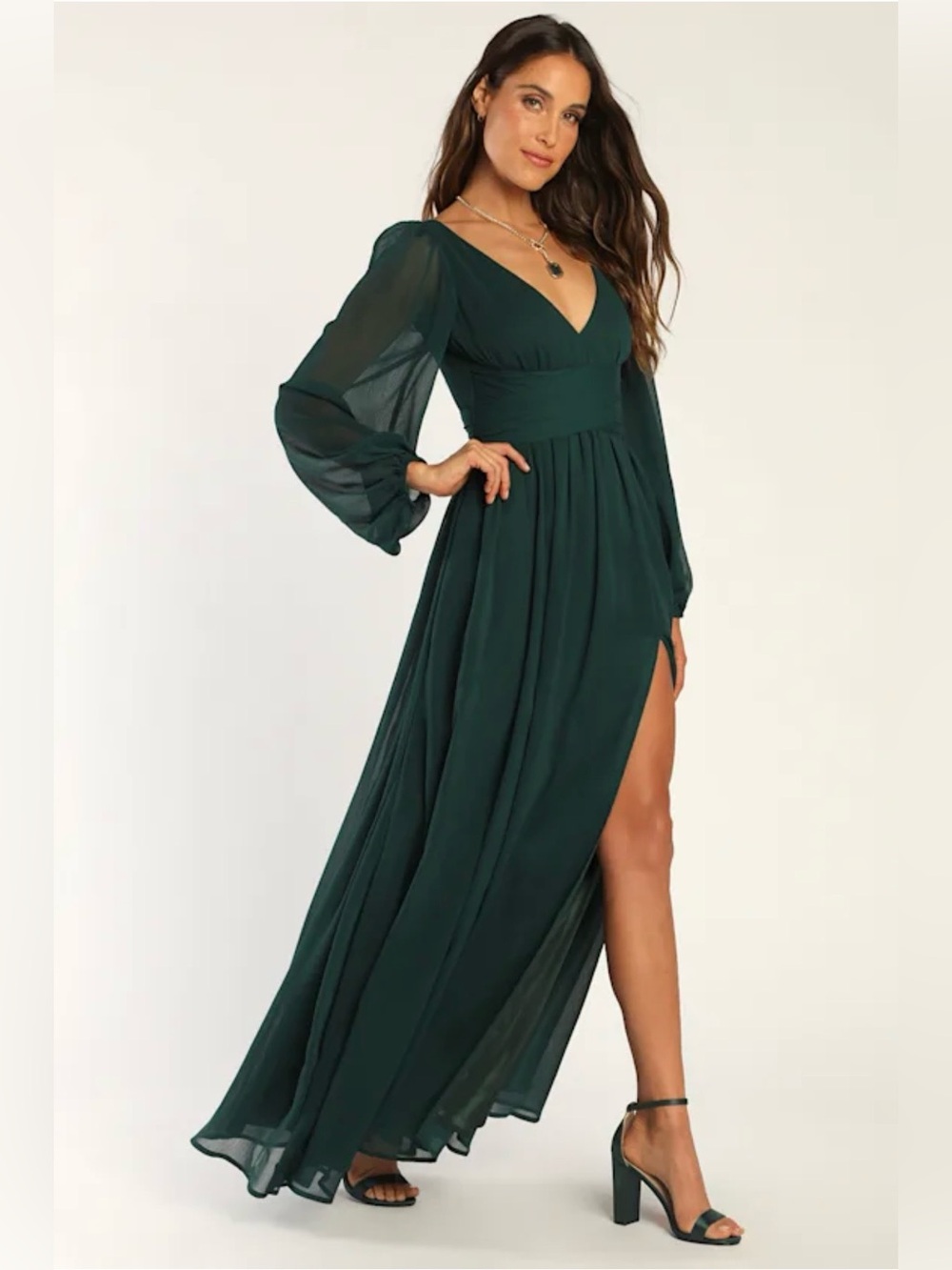 Elegant Lulus Deep Green Long Sleeve V-Neck Maxi Dress